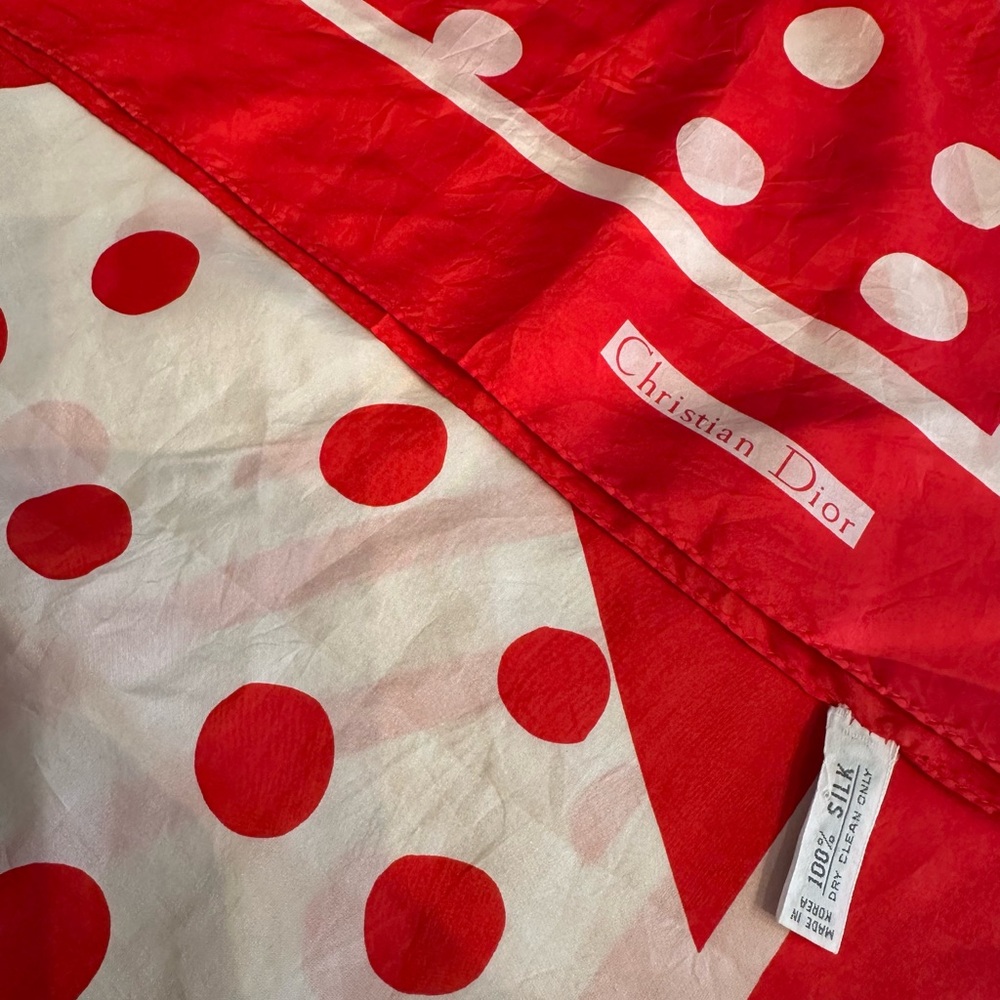 Vintage Christian Dior Silk Logo Polka Dot Scarf